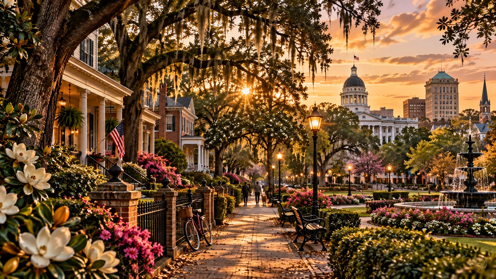 Editorial illustration of a leafy Montgomery neighborhood